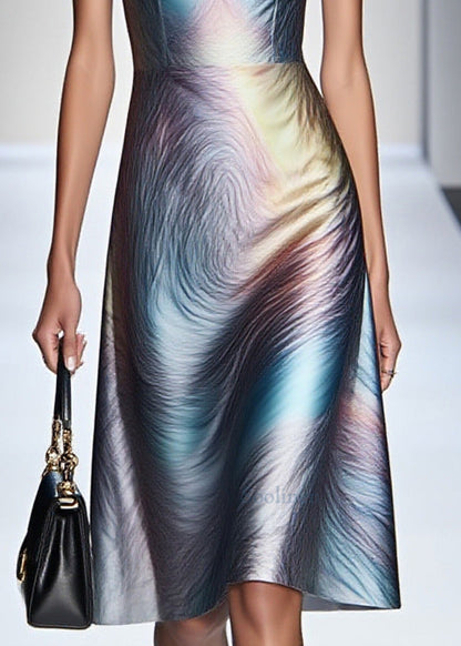 Fashion Gradient Blue V Neck Silm Fit Silk Tea Dress Sleeveless