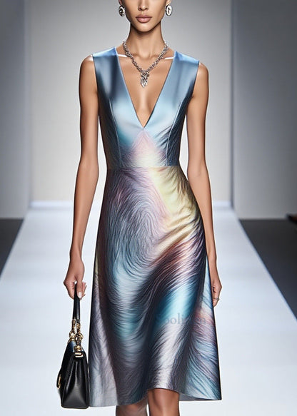 Fashion Gradient Blue V Neck Silm Fit Silk Tea Dress Sleeveless