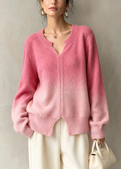 Fashion Gradient Color V Neck Thick Knit Sweaters Fall