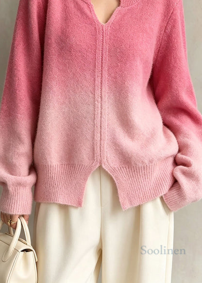 Fashion Gradient Color V Neck Thick Knit Sweaters Fall