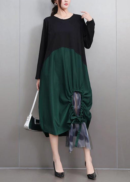 Fashion Green Hollow Out Tie Waist Long Dress Long Sleeve