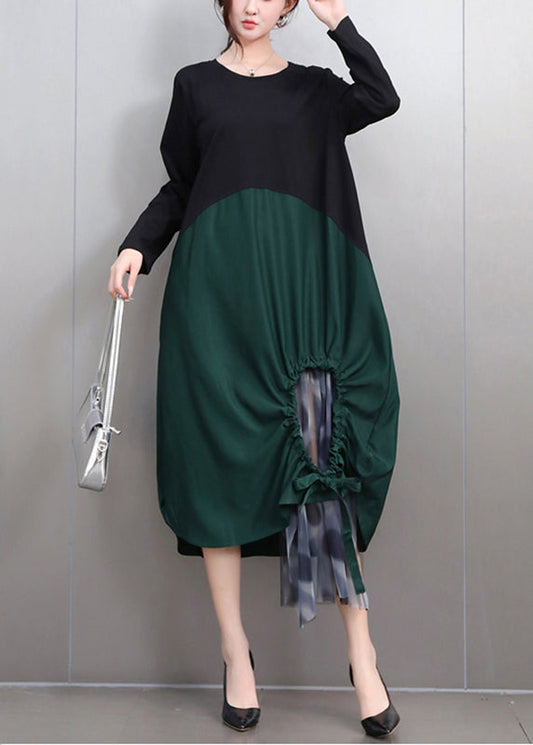 Fashion Green Hollow Out Tie Waist Long Dress Long Sleeve