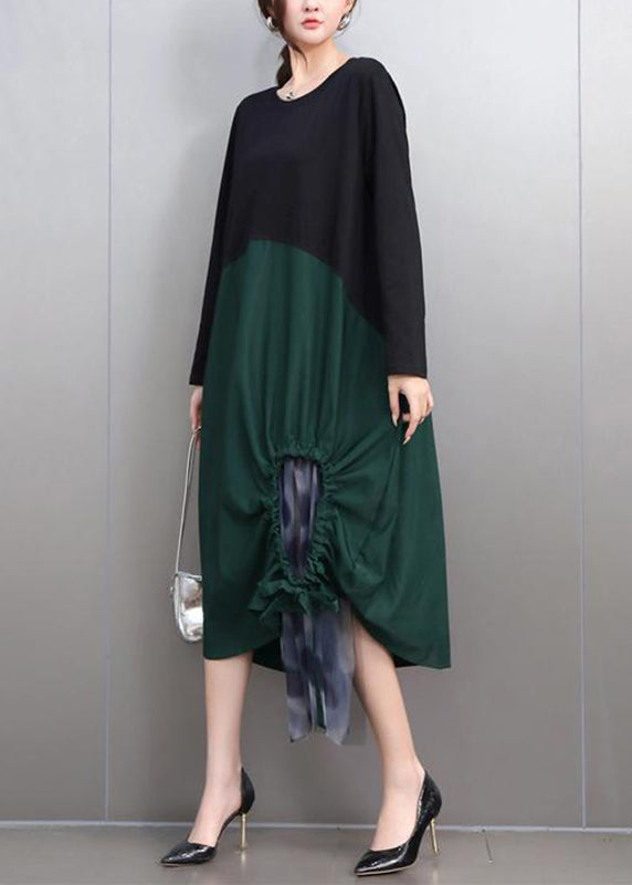 Fashion Green Hollow Out Tie Waist Long Dress Long Sleeve