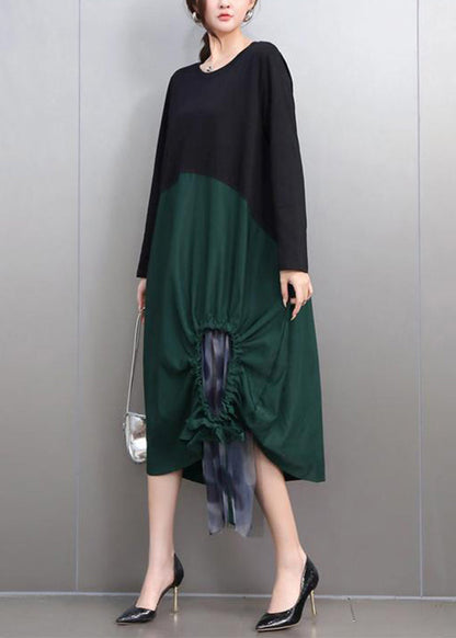 Fashion Green Hollow Out Tie Waist Long Dress Long Sleeve