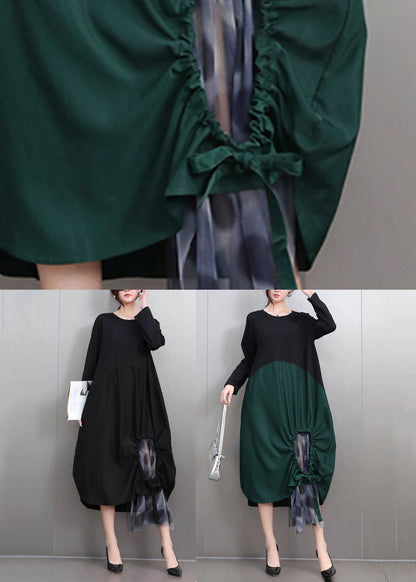 Fashion Green Hollow Out Tie Waist Long Dress Long Sleeve