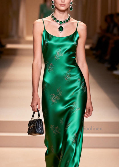 Fashion Green Jacquard Silk Spaghetti Strap Dress Summer