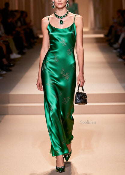 Fashion Green Jacquard Silk Spaghetti Strap Dress Summer
