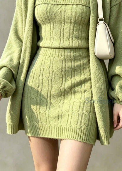 Fashion Green Knit Cardigan And Cami Dress Two Pieces Set Fall