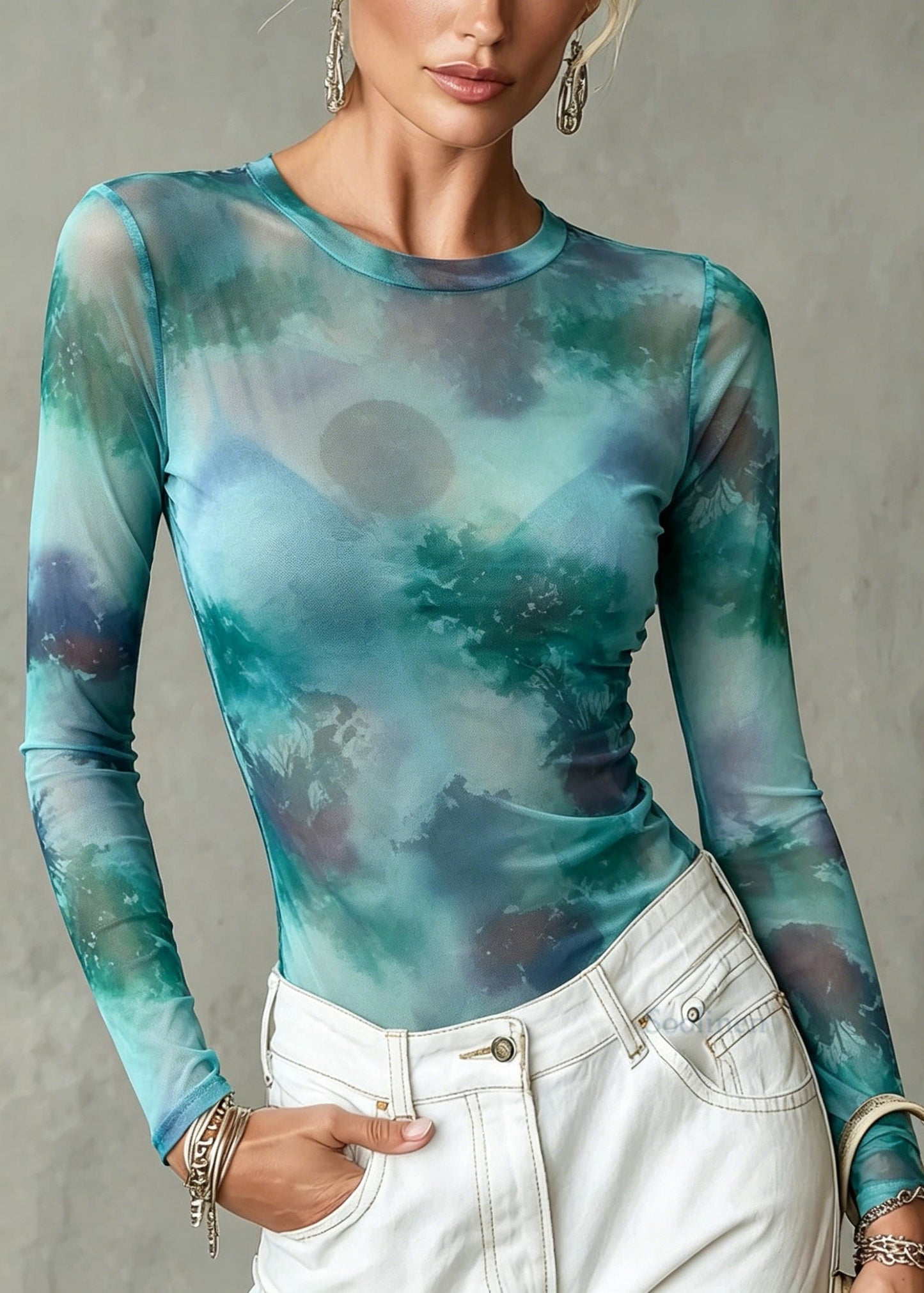 Fashion Green O Neck Tie Dye Tulle Tops Summer