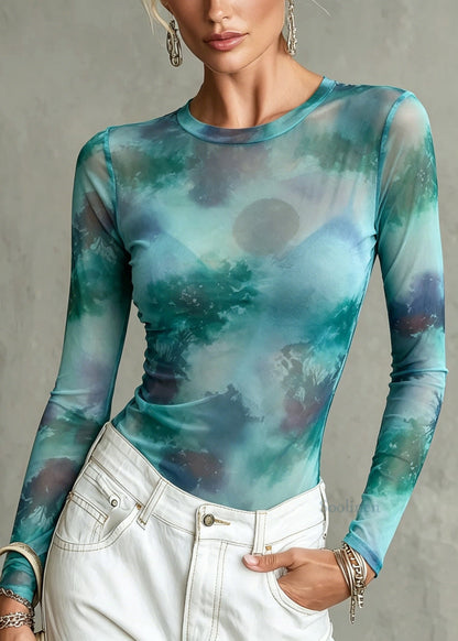 Fashion Green O Neck Tie Dye Tulle Tops Summer