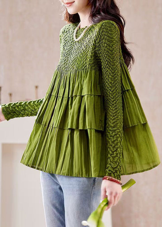 Fashion Green O Neck Wrinkled Patchwork Chiffon Top Long Sleeve