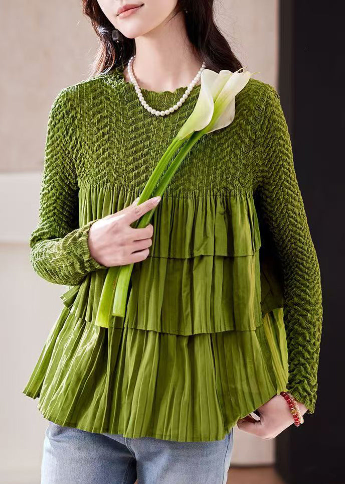 Fashion Green O Neck Wrinkled Patchwork Chiffon Top Long Sleeve