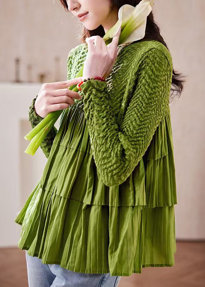 Fashion Green O Neck Wrinkled Patchwork Chiffon Top Long Sleeve