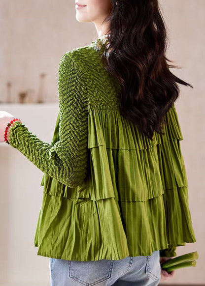 Fashion Green O Neck Wrinkled Patchwork Chiffon Top Long Sleeve