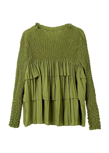 Fashion Green O Neck Wrinkled Patchwork Chiffon Top Long Sleeve