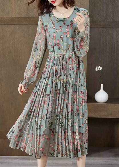 Mode Grün O-ansatz krawatte taille faltig Chiffon Maxi Kleider Frühling