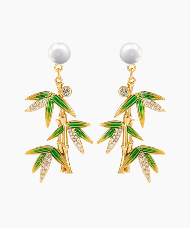 Fashion Green Overgild Zircon Pearl Bamboo Drop Earrings