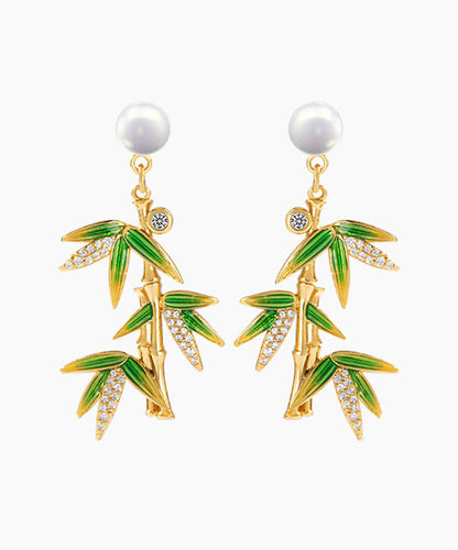 Fashion Green Overgild Zircon Pearl Bamboo Drop Earrings