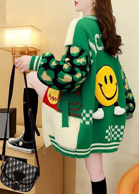 Mode Grün Übergroßen Patchwork Jacquard Stricken Strickjacken Frühling