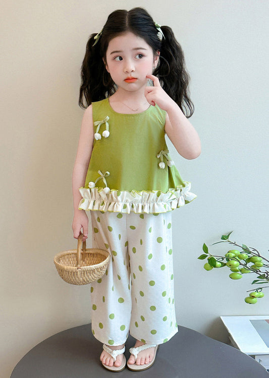 Fashion Green Patchwork Kids Vest And Crop Pants Two Pieces Set Sleeveless