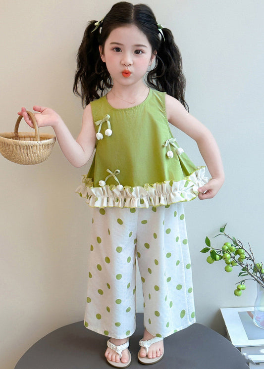 Fashion Green Patchwork Kids Vest And Crop Pants Two Pieces Set Sleeveless