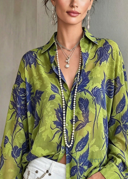 Fashion Green Peter Pan Collar Print Chiffon Shirt Top Long Sleeve