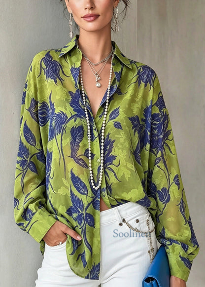 Fashion Green Peter Pan Collar Print Chiffon Shirt Top Long Sleeve