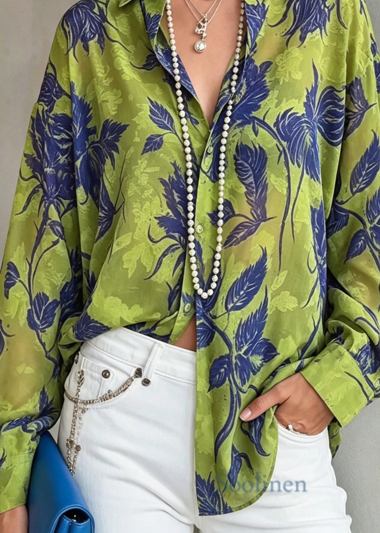 Fashion Green Peter Pan Collar Print Chiffon Shirt Top Long Sleeve
