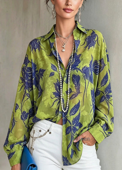 Fashion Green Peter Pan Collar Print Chiffon Shirt Top Long Sleeve