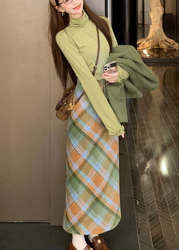 Fashion Green Pockets Woolen Coats ,Top And Long Dress Three Piece Set Long Sleeve