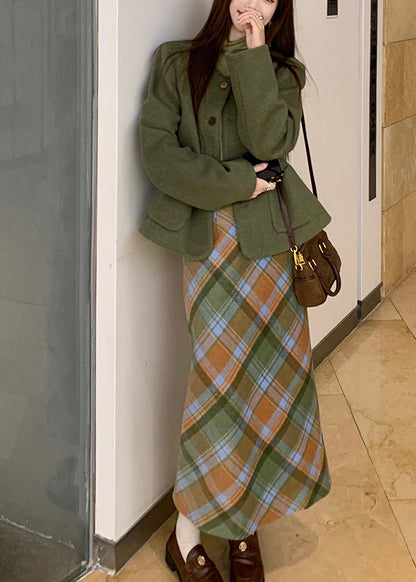Fashion Green Pockets Woolen Coats ,Top And Long Dress Three Piece Set Long Sleeve