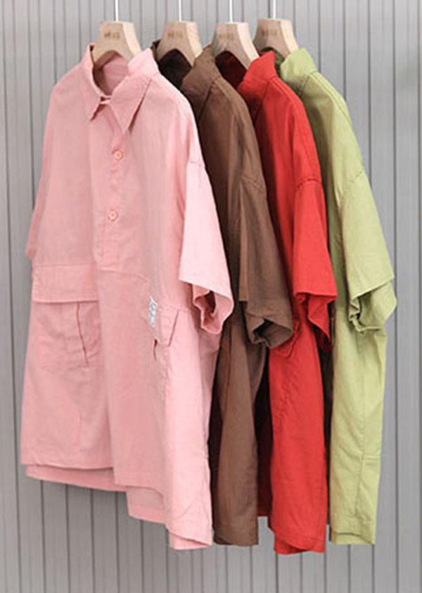 Fashion Green Pockets casual Cotton Blouse Tops Short Sleeve - SooLinen