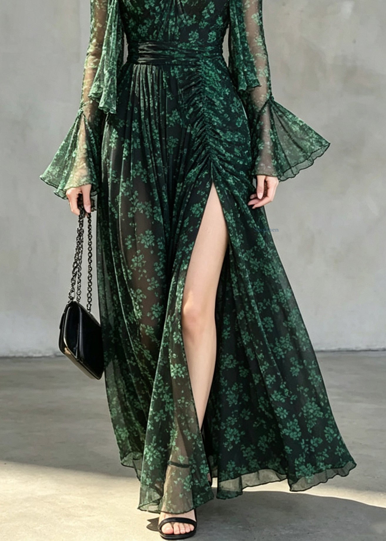 Fashion Green Print Chiffon Cardigans And Long Spaghetti Strap Dress Two Pieces Set Flare Sleeve