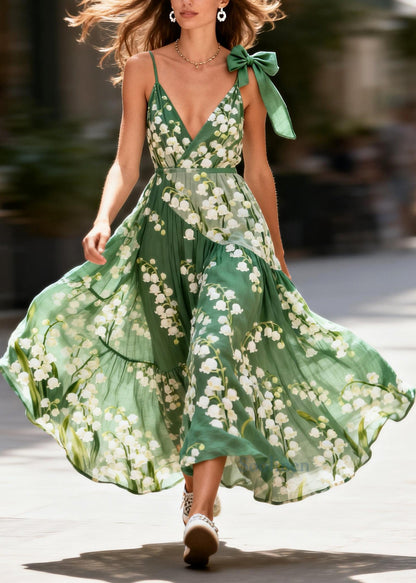 Fashion Green Print Exra Large Hem Cotton Cami Dress Summer