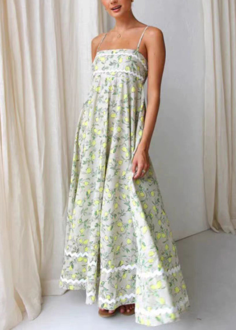 Mode Grün Print Patchwork Baumwolle Spaghetti Strap Kleid Sommer