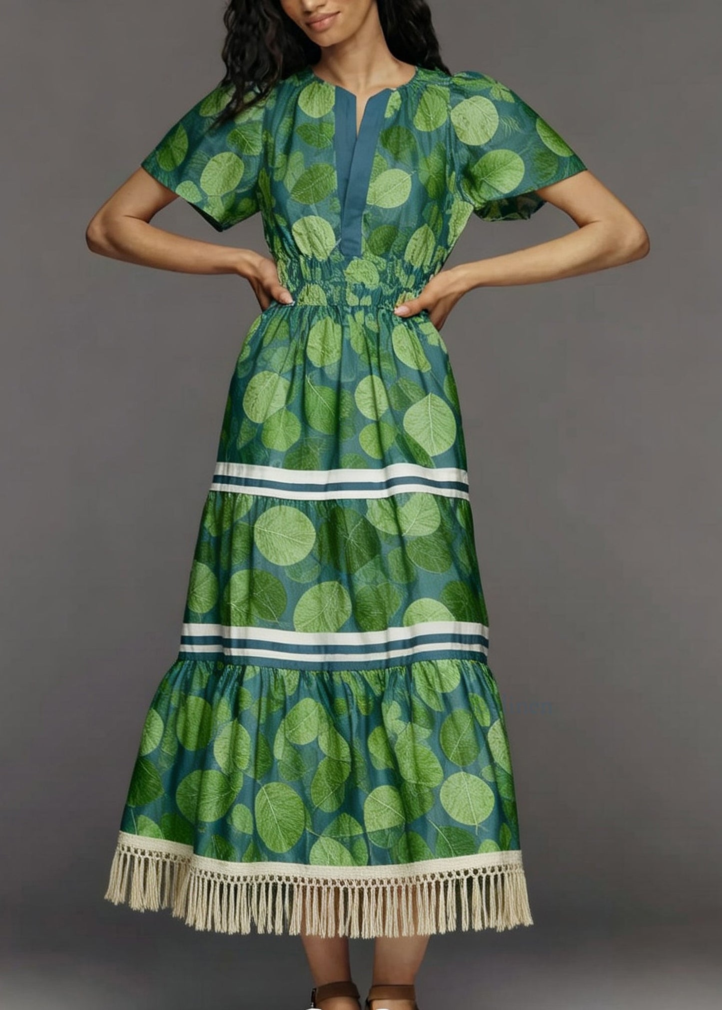 Fashion Green Print Tasseled Patchwork Cotton Dresses Summer