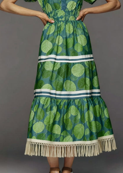 Fashion Green Print Tasseled Patchwork Cotton Dresses Summer