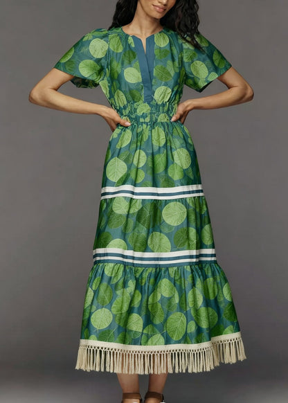 Fashion Green Print Tasseled Patchwork Cotton Dresses Summer