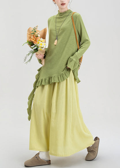 Modisches grünes, asymmetrisches Zweiteiler-Set aus Baumwolle mit Rüschen für den Frühling