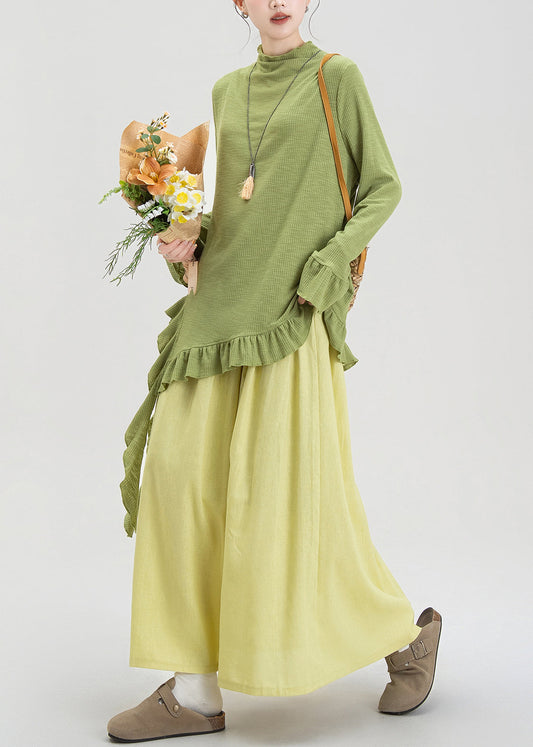 Modisches grünes, asymmetrisches Zweiteiler-Set aus Baumwolle mit Rüschen für den Frühling