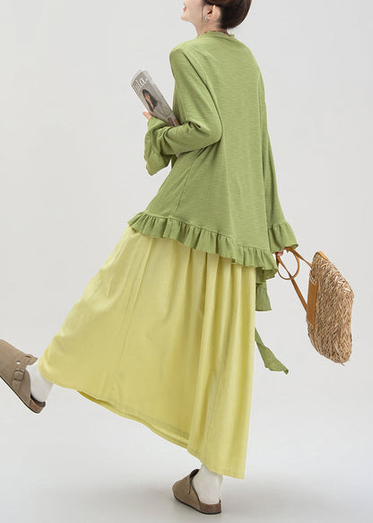 Modisches grünes, asymmetrisches Zweiteiler-Set aus Baumwolle mit Rüschen für den Frühling