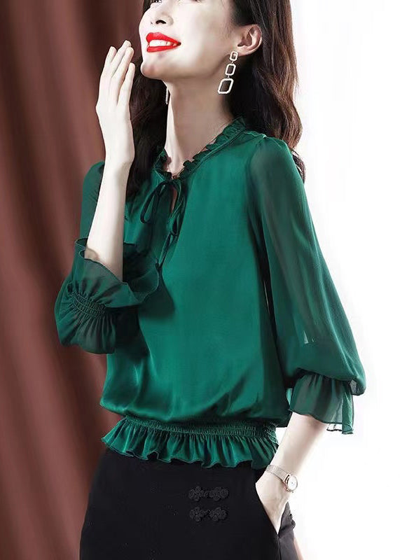 Fashion Green Ruffled Lace Up Chiffon Shirt Spring