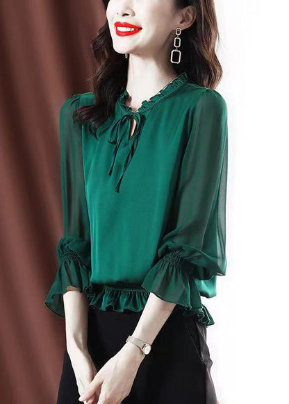 Fashion Green Ruffled Lace Up Chiffon Shirt Spring