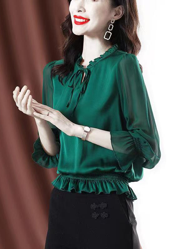Fashion Green Ruffled Lace Up Chiffon Shirt Spring