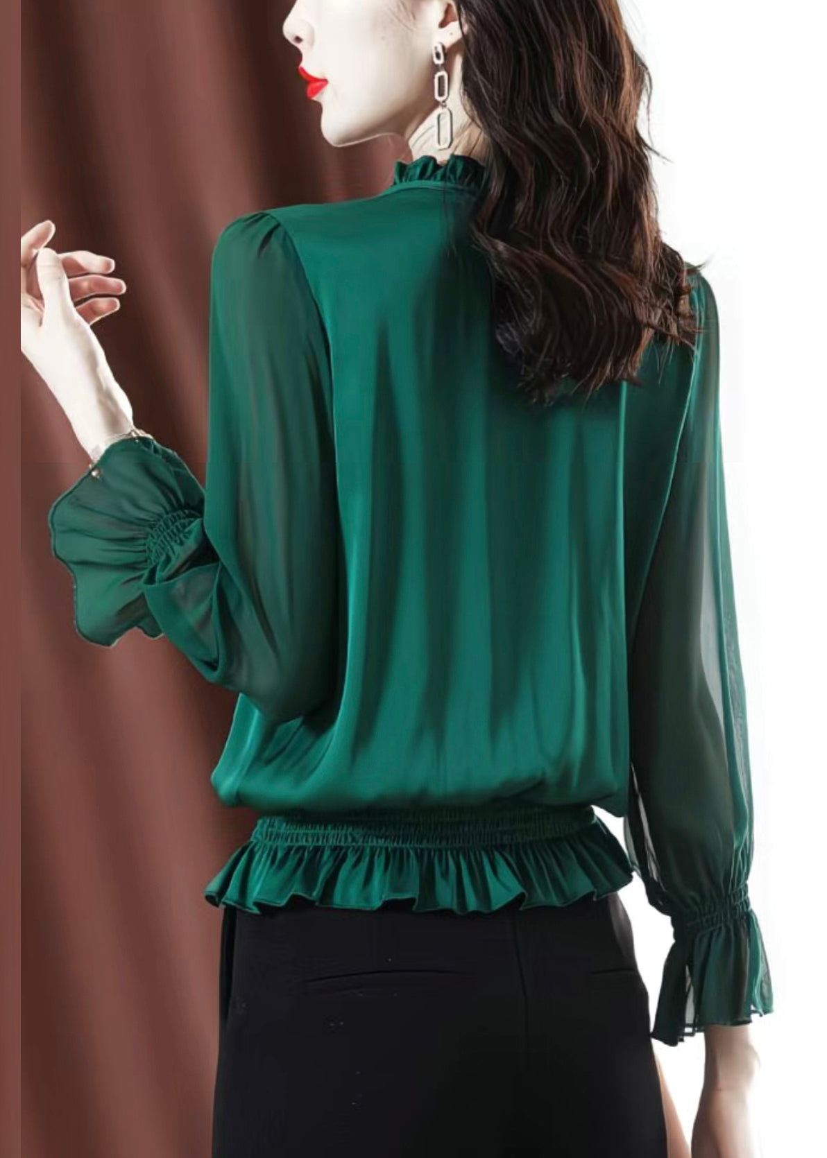 Fashion Green Ruffled Lace Up Chiffon Shirt Spring