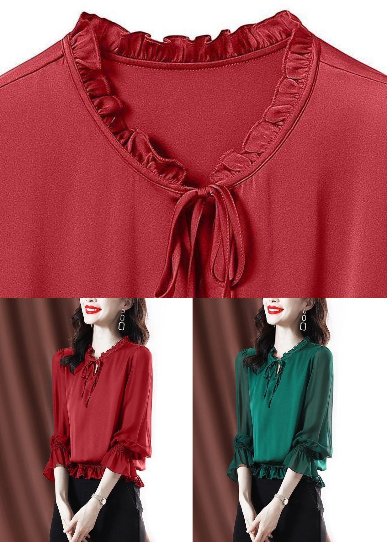 Fashion Green Ruffled Lace Up Chiffon Shirt Spring