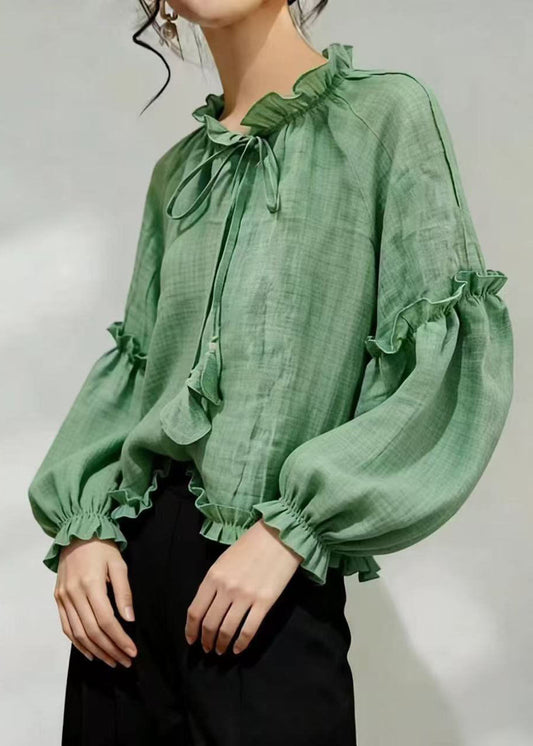 Fashion Green Ruffled Lace Up Cotton Top Summer