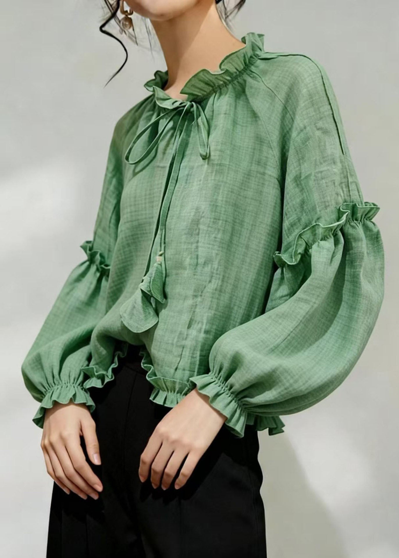 Fashion Green Ruffled Lace Up Cotton Top Summer