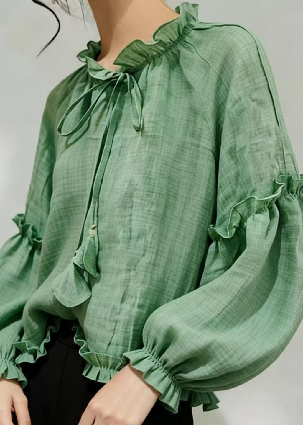 Fashion Green Ruffled Lace Up Cotton Top Summer