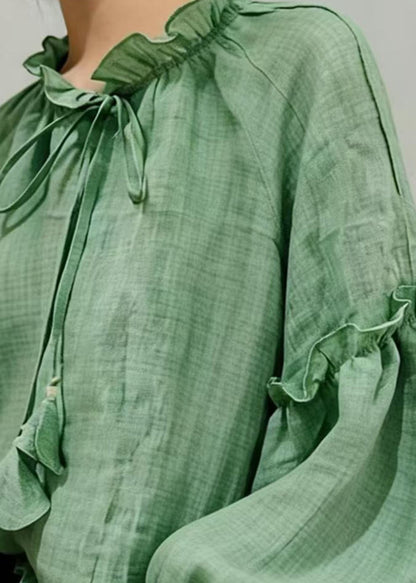 Fashion Green Ruffled Lace Up Cotton Top Summer